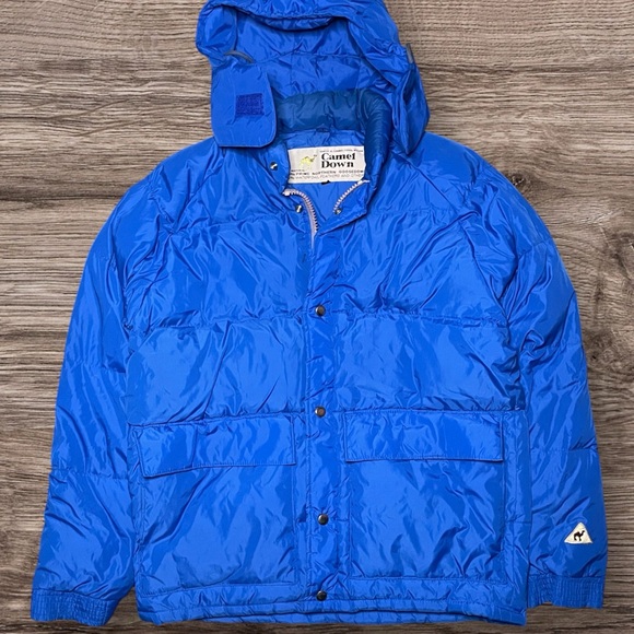 Vintage Camel Down Rain Jacket Mens Small Blue Goose Down Puffer 80s Korea
